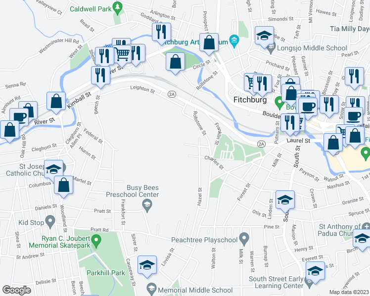 map of restaurants, bars, coffee shops, grocery stores, and more near 56 Shattuck Street in Fitchburg