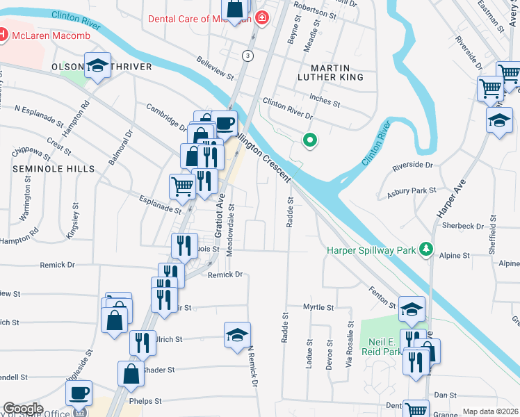 map of restaurants, bars, coffee shops, grocery stores, and more near 23128 Wellington Crescent in Clinton Township