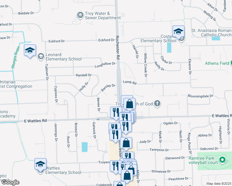map of restaurants, bars, coffee shops, grocery stores, and more near 969 Grand Vista Court in Troy