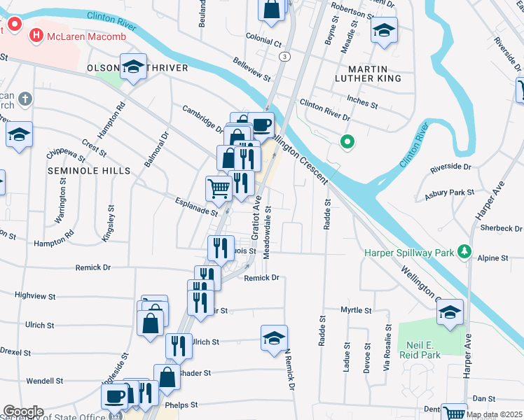 map of restaurants, bars, coffee shops, grocery stores, and more near 38576 Southbound Gratiot Avenue in Macomb County