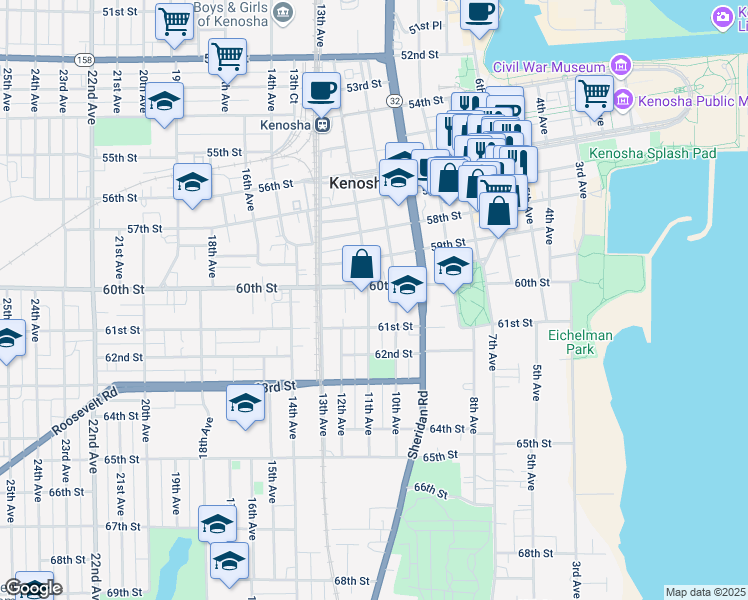 map of restaurants, bars, coffee shops, grocery stores, and more near 1021 60th Street in Kenosha