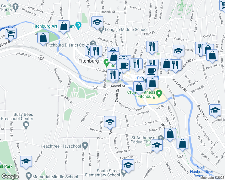 map of restaurants, bars, coffee shops, grocery stores, and more near 14 1/2 Cross Street in Fitchburg