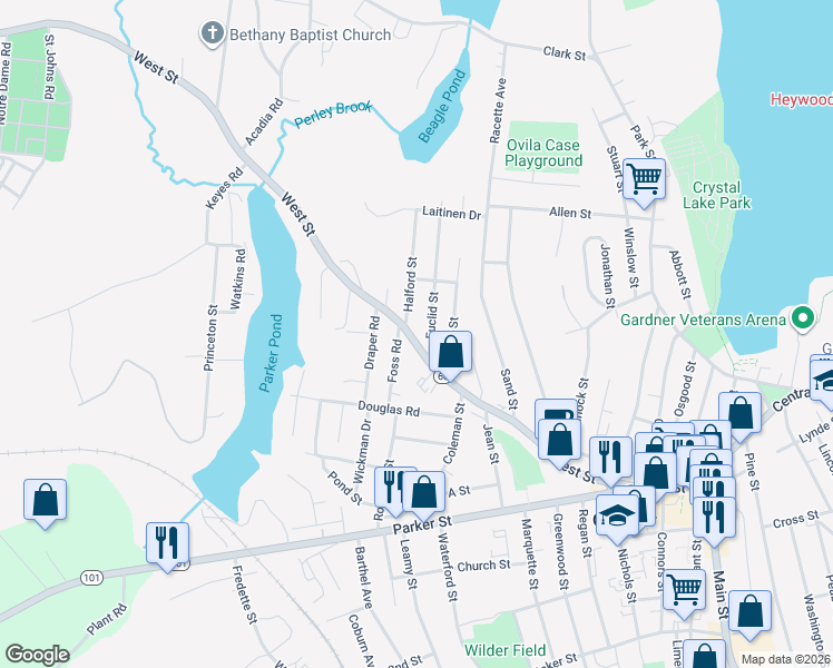 map of restaurants, bars, coffee shops, grocery stores, and more near 281 West Street in Gardner