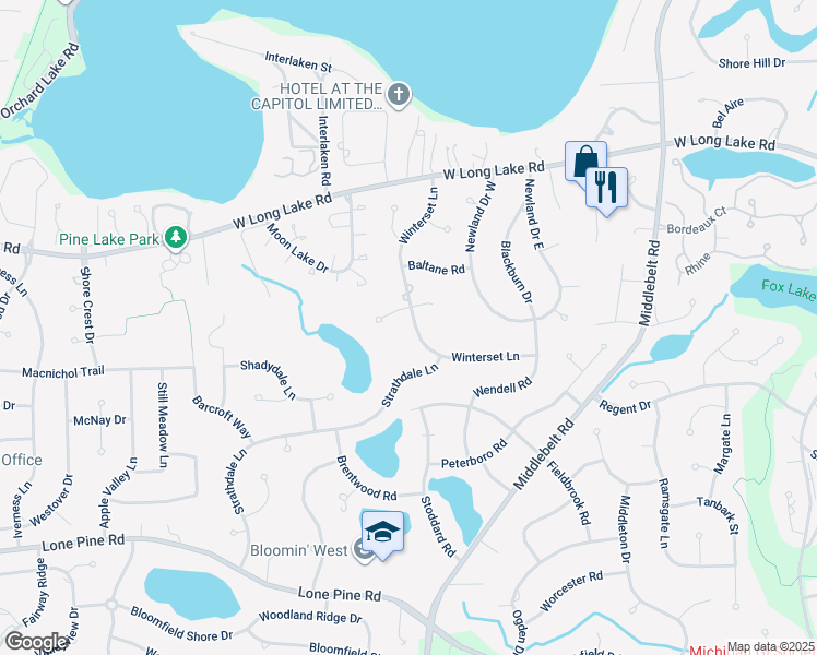 map of restaurants, bars, coffee shops, grocery stores, and more near 4070 Winterset Lane in West Bloomfield Township