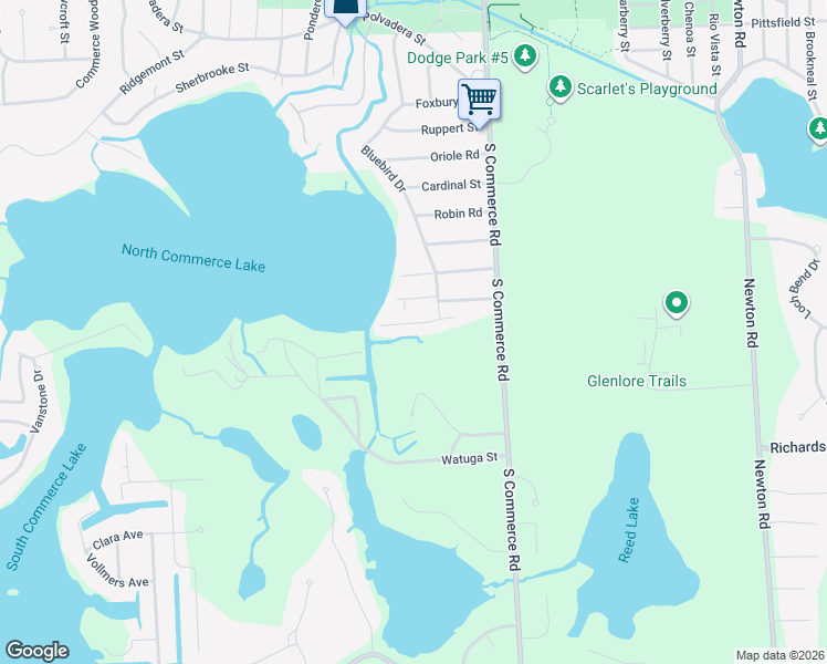 map of restaurants, bars, coffee shops, grocery stores, and more near 349 Whippoorwill Way in Commerce Charter Township