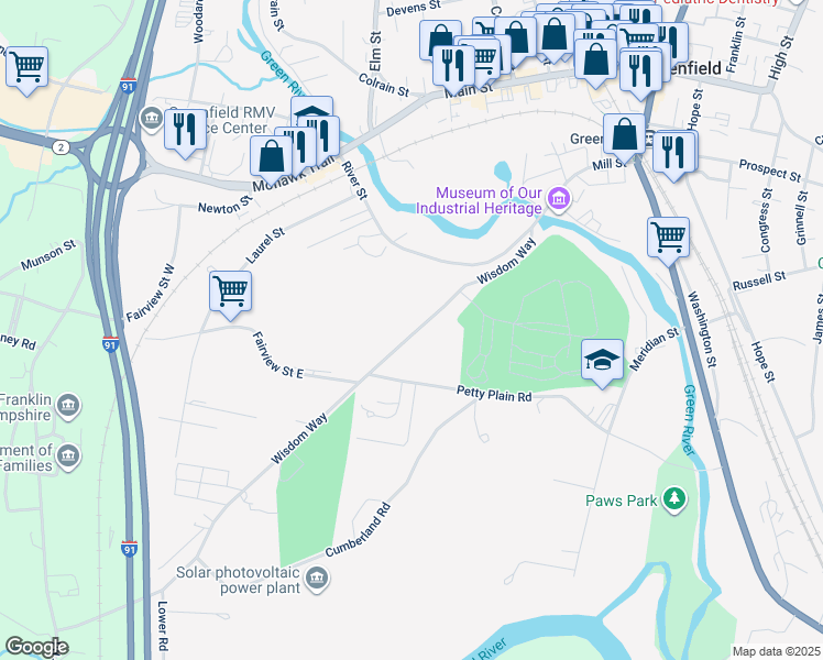 map of restaurants, bars, coffee shops, grocery stores, and more near 89 Wisdom Way in Greenfield