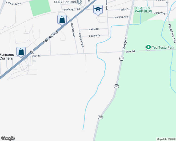 map of restaurants, bars, coffee shops, grocery stores, and more near 3590 Parti Drive in Cortland