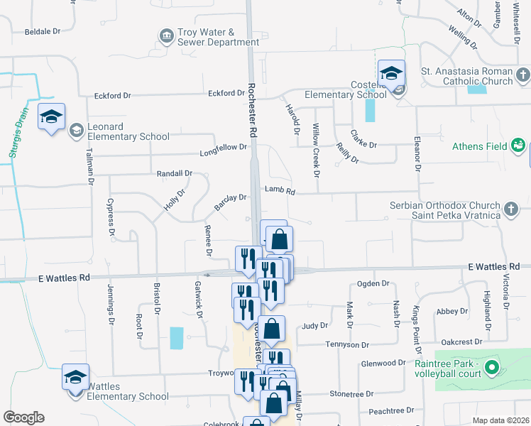 map of restaurants, bars, coffee shops, grocery stores, and more near 4161 Rochester Road in Troy