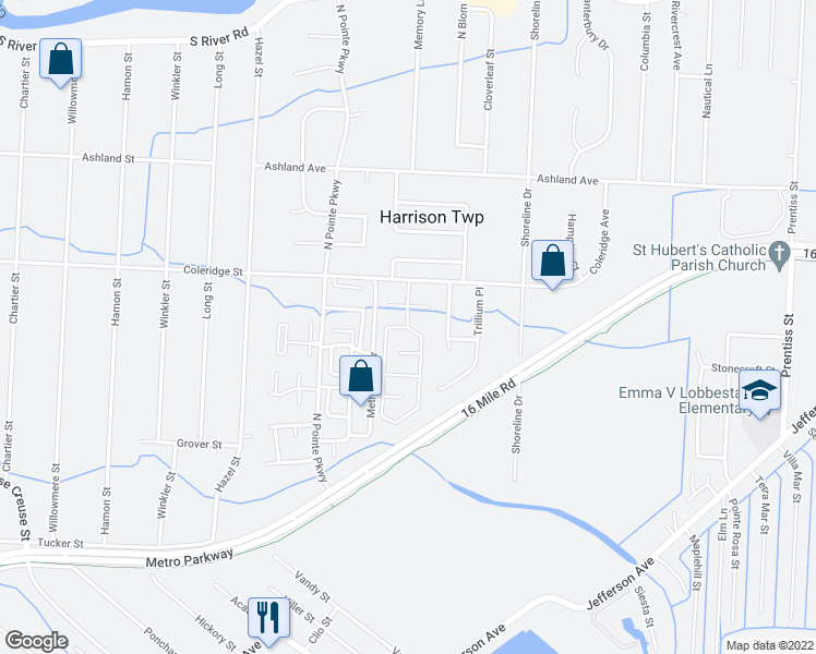 map of restaurants, bars, coffee shops, grocery stores, and more near 38320 Maple Forest Boulevard in Harrison charter Township