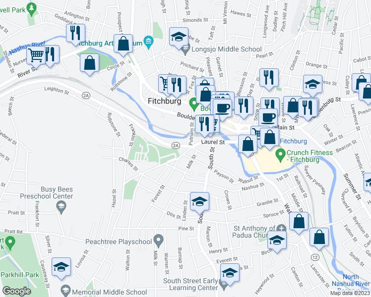 map of restaurants, bars, coffee shops, grocery stores, and more near 115 Laurel Street in Fitchburg