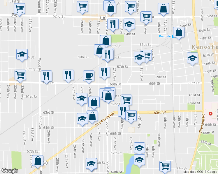 map of restaurants, bars, coffee shops, grocery stores, and more near 6001 22nd Avenue in Kenosha
