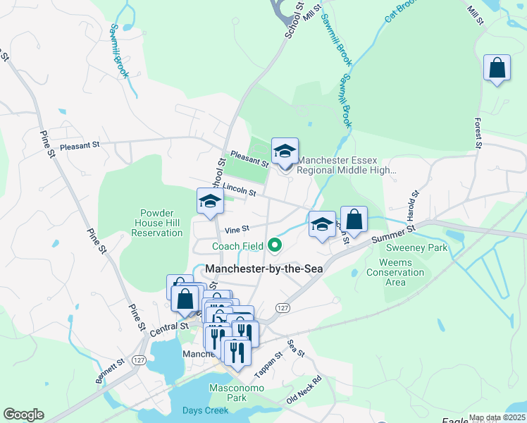 map of restaurants, bars, coffee shops, grocery stores, and more near 61 Norwood Avenue in Manchester-by-the-Sea