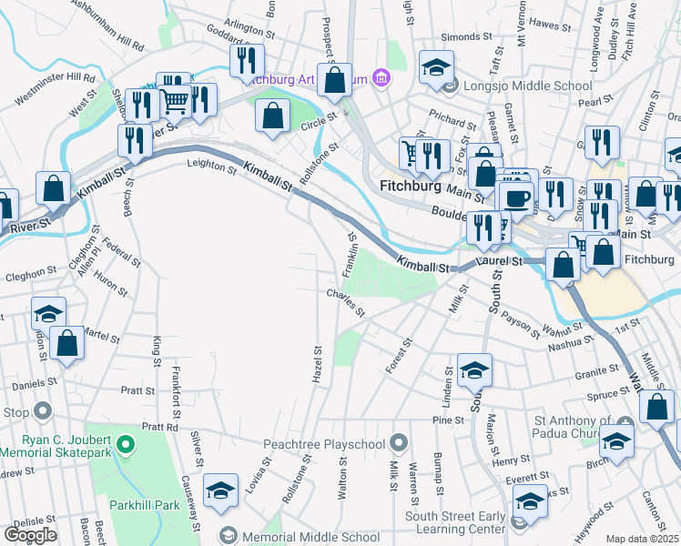 map of restaurants, bars, coffee shops, grocery stores, and more near 119 Franklin Street in Fitchburg