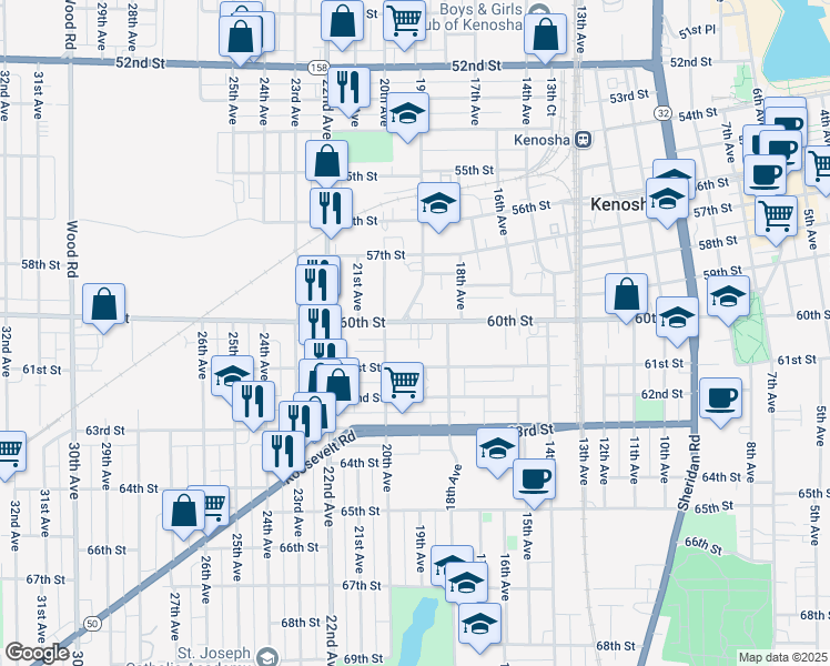map of restaurants, bars, coffee shops, grocery stores, and more near 1907 60th Street in Kenosha