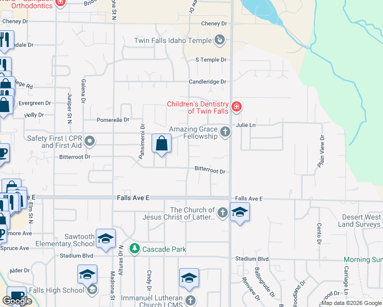 map of restaurants, bars, coffee shops, grocery stores, and more near 1052 Mountain View Drive in Twin Falls