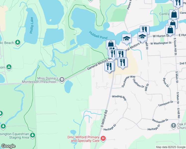 map of restaurants, bars, coffee shops, grocery stores, and more near 162 Cottage Lane in Milford Charter Township