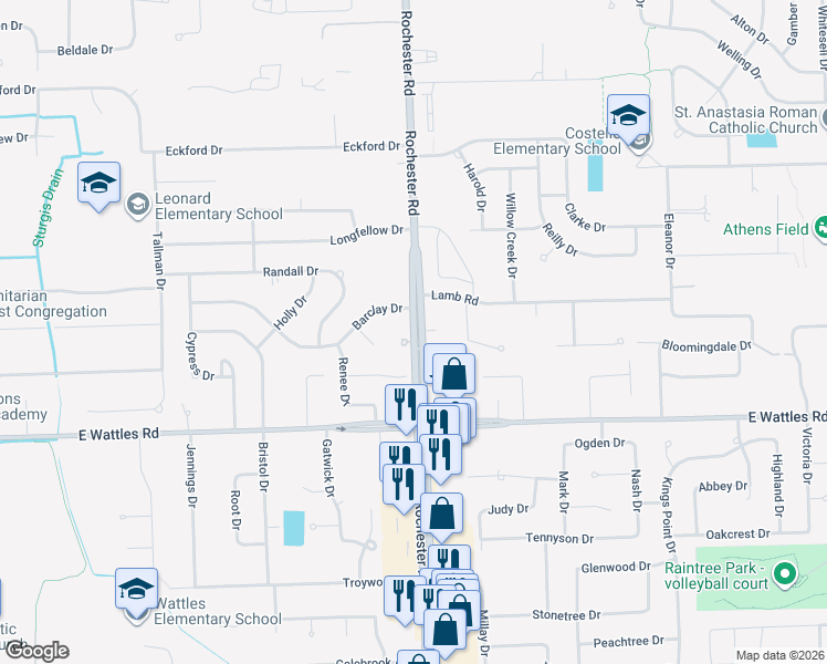 map of restaurants, bars, coffee shops, grocery stores, and more near 4161 Rochester Road in Troy
