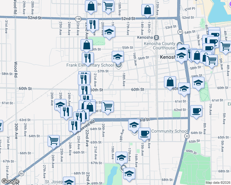 map of restaurants, bars, coffee shops, grocery stores, and more near 6003 18th Avenue in Kenosha