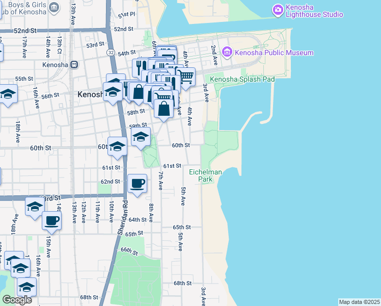 map of restaurants, bars, coffee shops, grocery stores, and more near 6015 5th Avenue in Kenosha