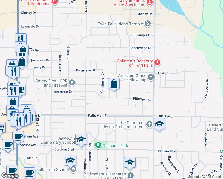 map of restaurants, bars, coffee shops, grocery stores, and more near 1040 Centennial Drive in Twin Falls