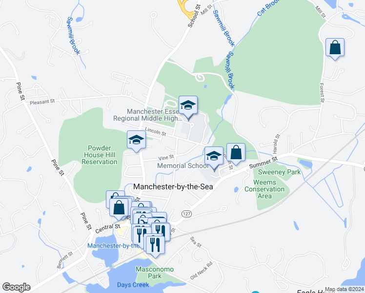 map of restaurants, bars, coffee shops, grocery stores, and more near 61 Norwood Avenue in Manchester-by-the-Sea