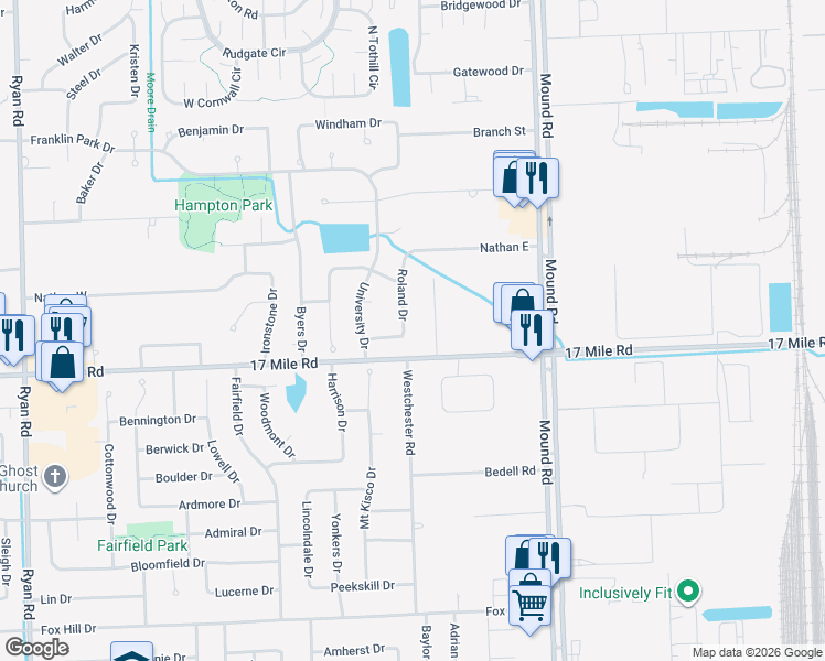 map of restaurants, bars, coffee shops, grocery stores, and more near 39122 Roland Drive in Sterling Heights