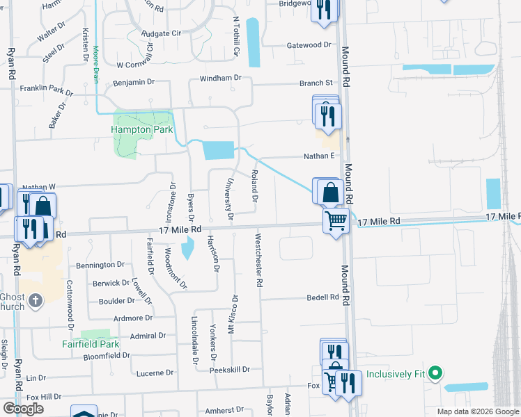 map of restaurants, bars, coffee shops, grocery stores, and more near 39122 Roland Drive in Sterling Heights