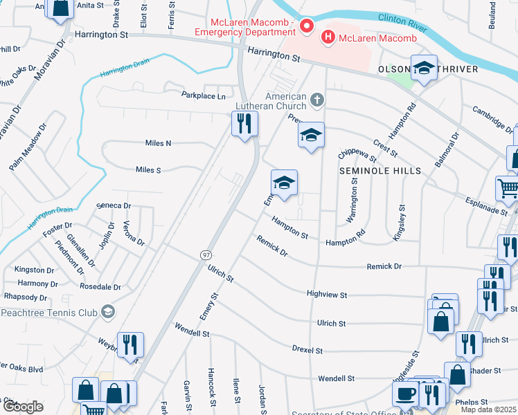 map of restaurants, bars, coffee shops, grocery stores, and more near 38141 Emery Street in Clinton Township