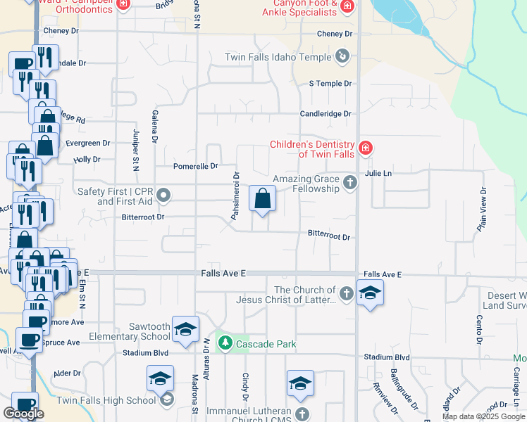map of restaurants, bars, coffee shops, grocery stores, and more near 1040 Centennial Drive in Twin Falls