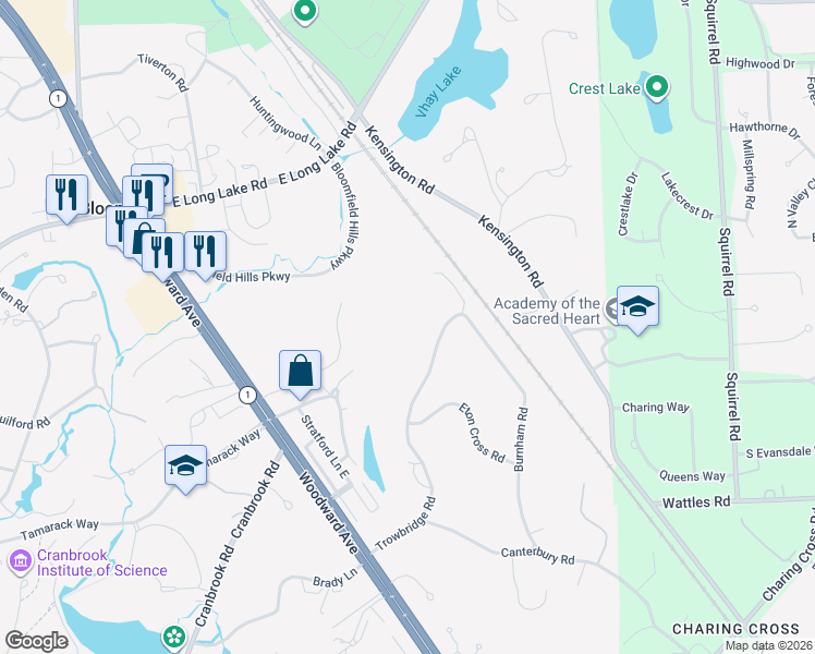 map of restaurants, bars, coffee shops, grocery stores, and more near 1335 Trowbridge Road in Bloomfield Hills