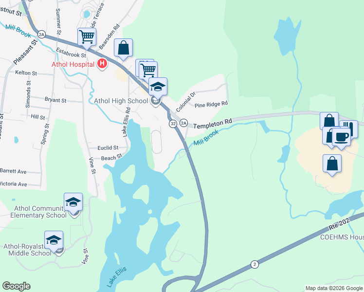 map of restaurants, bars, coffee shops, grocery stores, and more near 163 Petersham Road in Athol