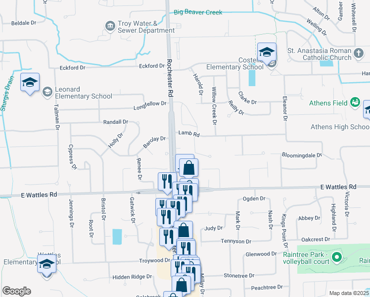 map of restaurants, bars, coffee shops, grocery stores, and more near 1054 Lorenzo Court in Troy
