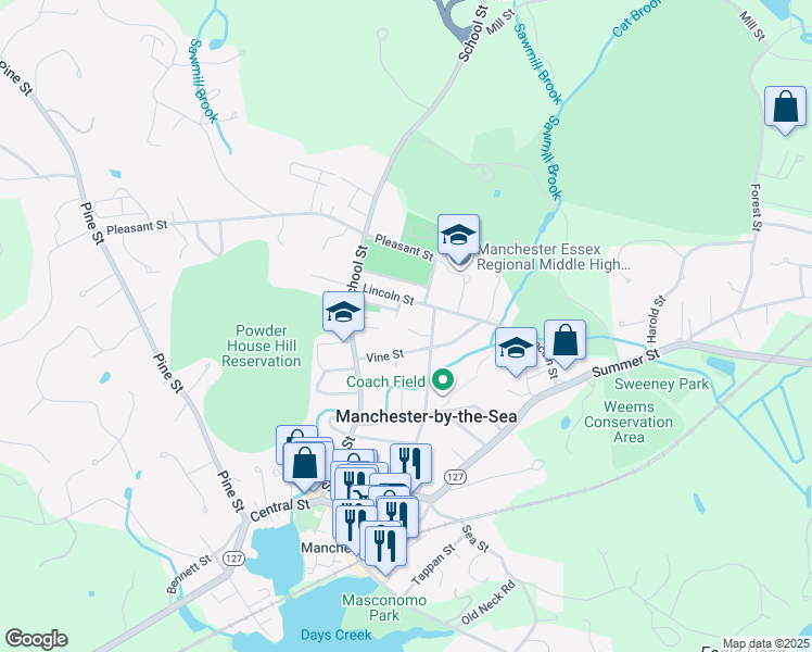 map of restaurants, bars, coffee shops, grocery stores, and more near 2A Filias Cir in Manchester