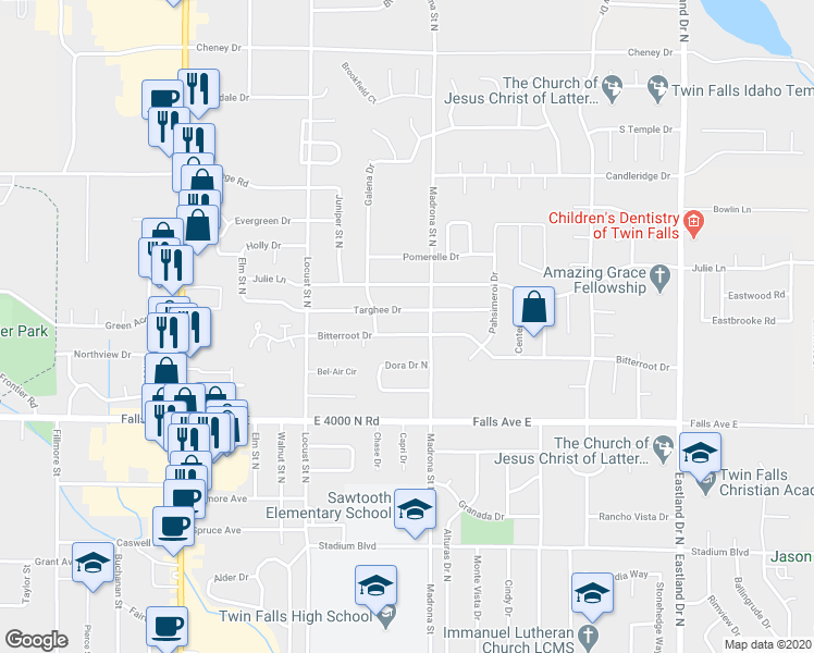 map of restaurants, bars, coffee shops, grocery stores, and more near 1753 Bitterroot Drive in Twin Falls