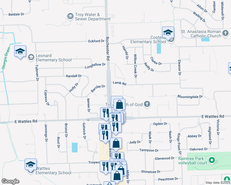 map of restaurants, bars, coffee shops, grocery stores, and more near 4187 Easton Way in Troy