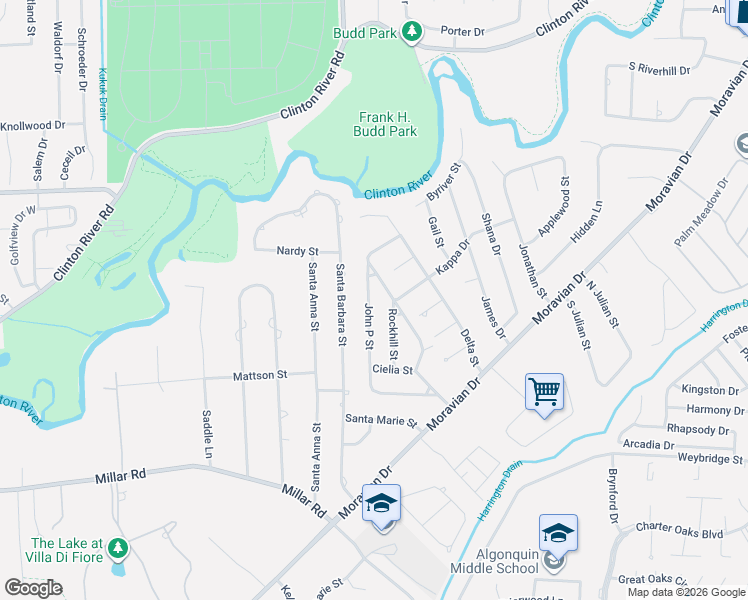 map of restaurants, bars, coffee shops, grocery stores, and more near 38304 John P Street in Clinton Township