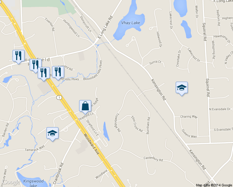 map of restaurants, bars, coffee shops, grocery stores, and more near 1335 Trowbridge Road in Bloomfield Hills