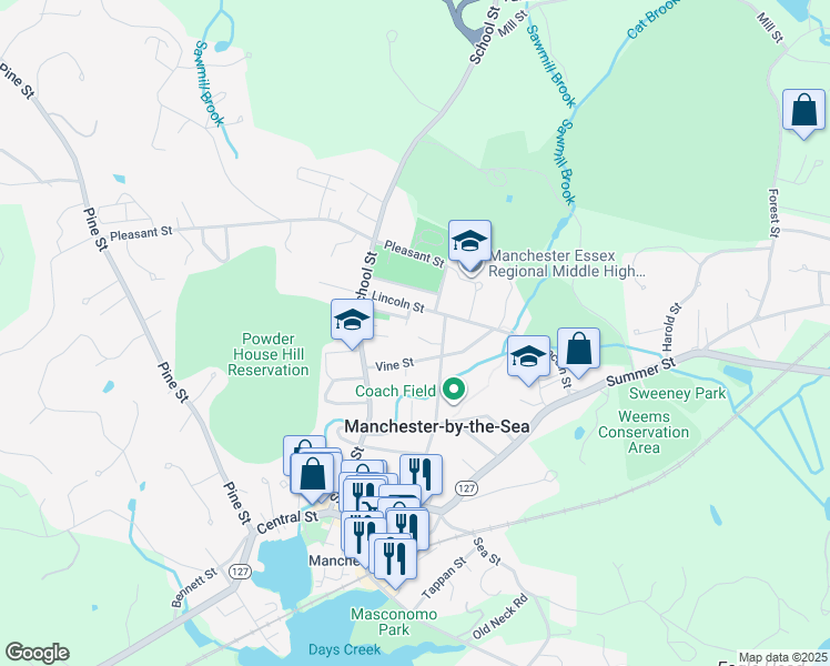 map of restaurants, bars, coffee shops, grocery stores, and more near 2A Filias Circle in Manchester-by-the-Sea