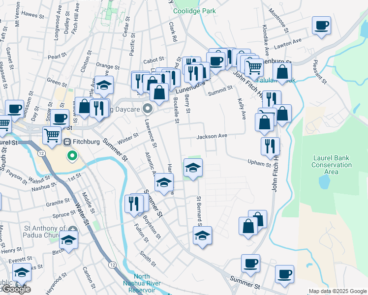 map of restaurants, bars, coffee shops, grocery stores, and more near 124 Boutelle Street in Fitchburg