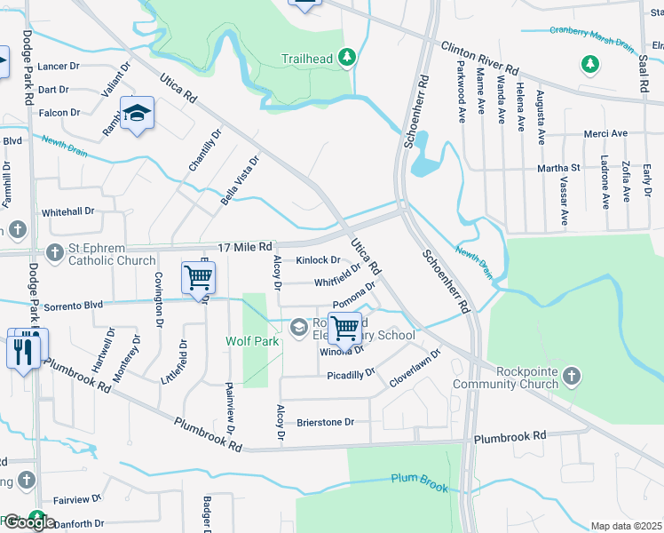 map of restaurants, bars, coffee shops, grocery stores, and more near 13064 Kinlock Dr in Sterling Heights