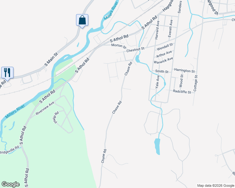 map of restaurants, bars, coffee shops, grocery stores, and more near 291 Chase Road in Athol