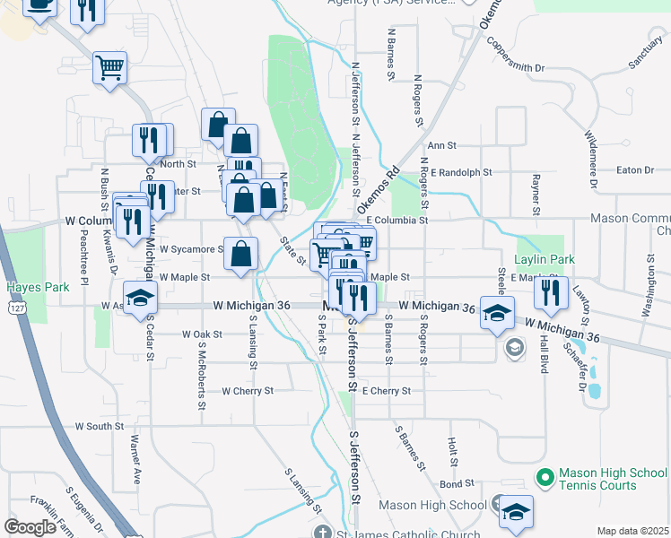 map of restaurants, bars, coffee shops, grocery stores, and more near 154 W Maple St in Mason