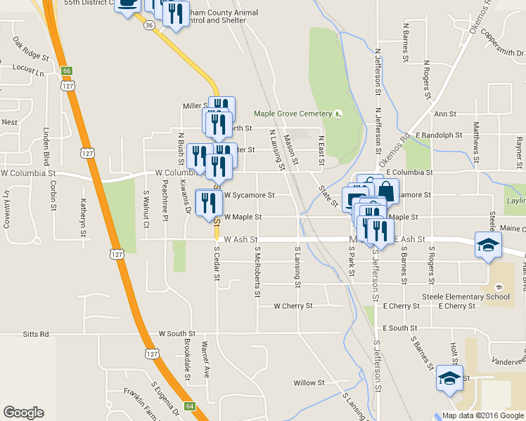 map of restaurants, bars, coffee shops, grocery stores, and more near 452 West Maple Street in Mason