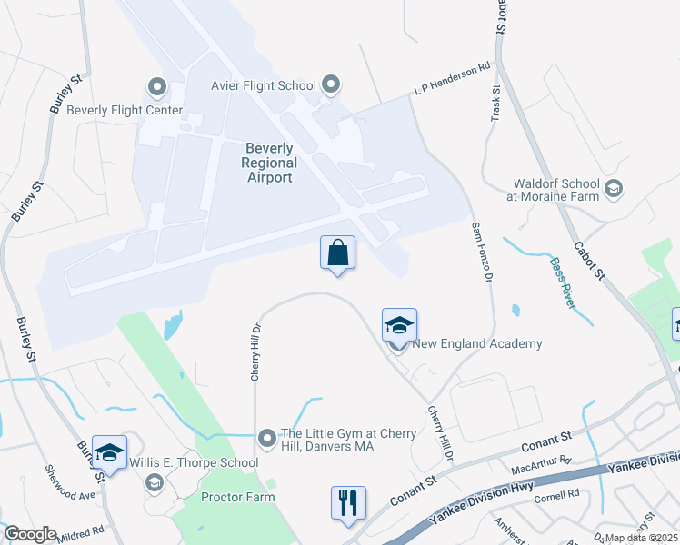 map of restaurants, bars, coffee shops, grocery stores, and more near 72 Cherry Hill Drive in Beverly
