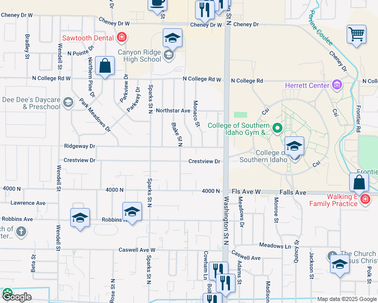 map of restaurants, bars, coffee shops, grocery stores, and more near 255 Ridgeway Drive in Twin Falls