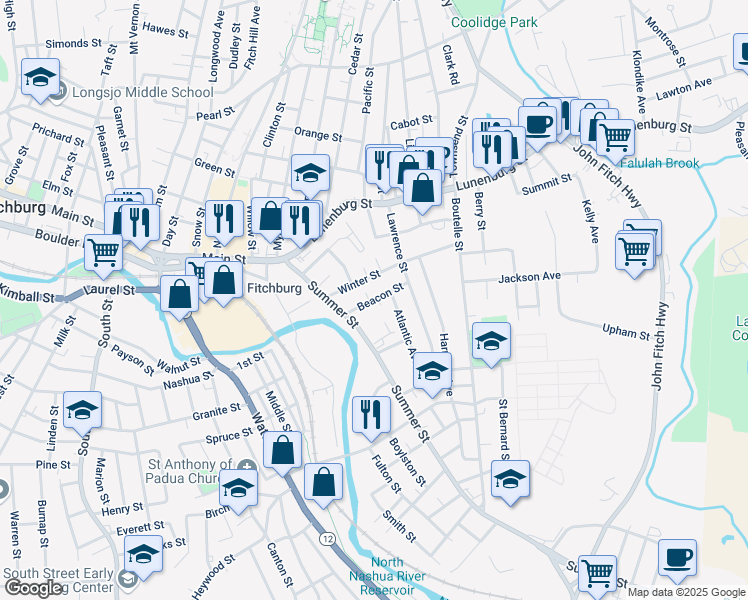 map of restaurants, bars, coffee shops, grocery stores, and more near 21 Beacon Street in Fitchburg