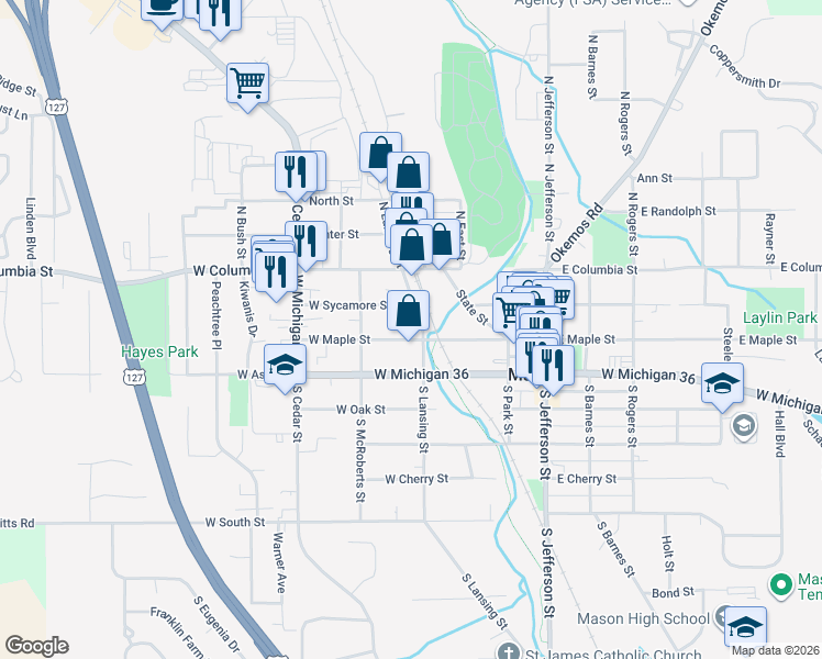 map of restaurants, bars, coffee shops, grocery stores, and more near 410 West Maple Street in Mason