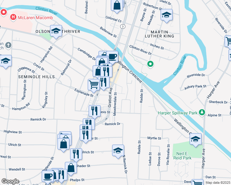 map of restaurants, bars, coffee shops, grocery stores, and more near 38608 Meadowdale Street in Charter Township of Clinton