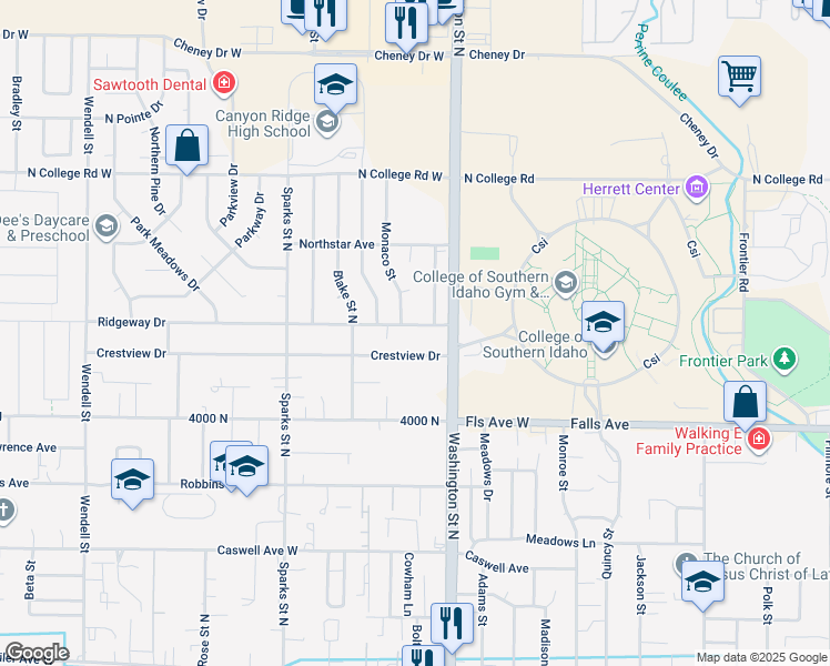 map of restaurants, bars, coffee shops, grocery stores, and more near 159 Ridgeway Drive in Twin Falls