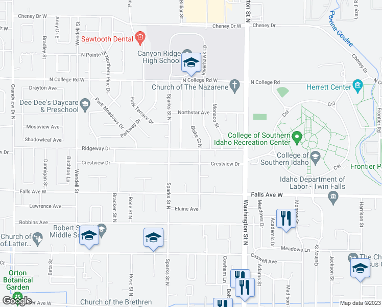 map of restaurants, bars, coffee shops, grocery stores, and more near 321 Ridgeway Drive in Twin Falls